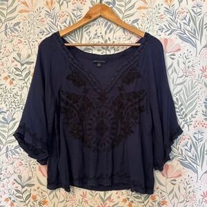 American Eagle Navy Blue Embroidered beaded Boho Blouse Peasant Top